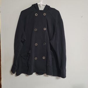 Roz & Ali Black Pea Coat Jacket Women 3X Double Breasted Hooded Cotton Blend‎